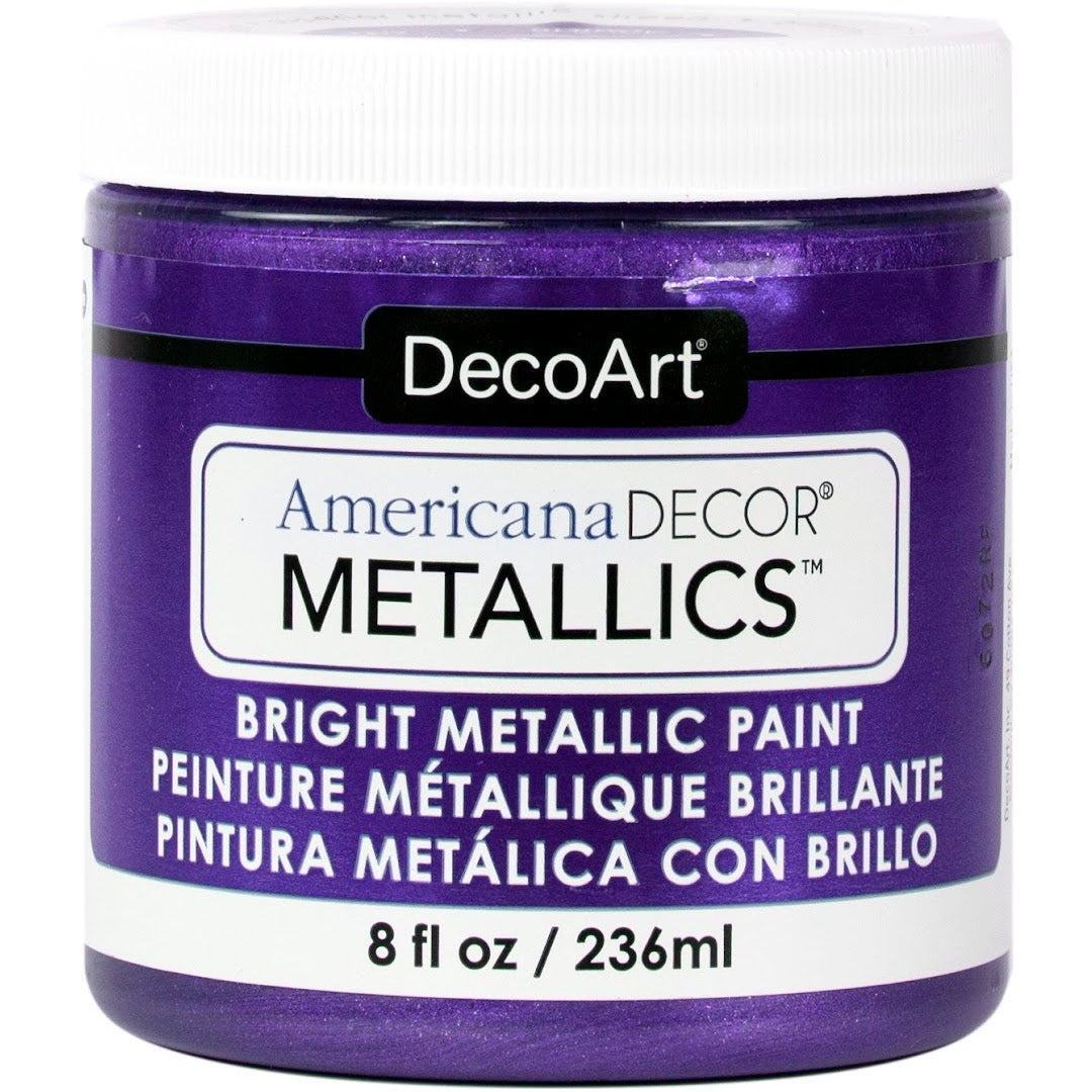 8 oz DecoArt Americana Decor Metallics in pearl finish, showcasing a shiny, metallic paint for craft and home decor projects.