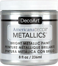 8 oz bottle of DecoArt Americana Decor Metallics in pearl finish, showcasing the shiny, metallic acrylic paint for craft and decor projects.