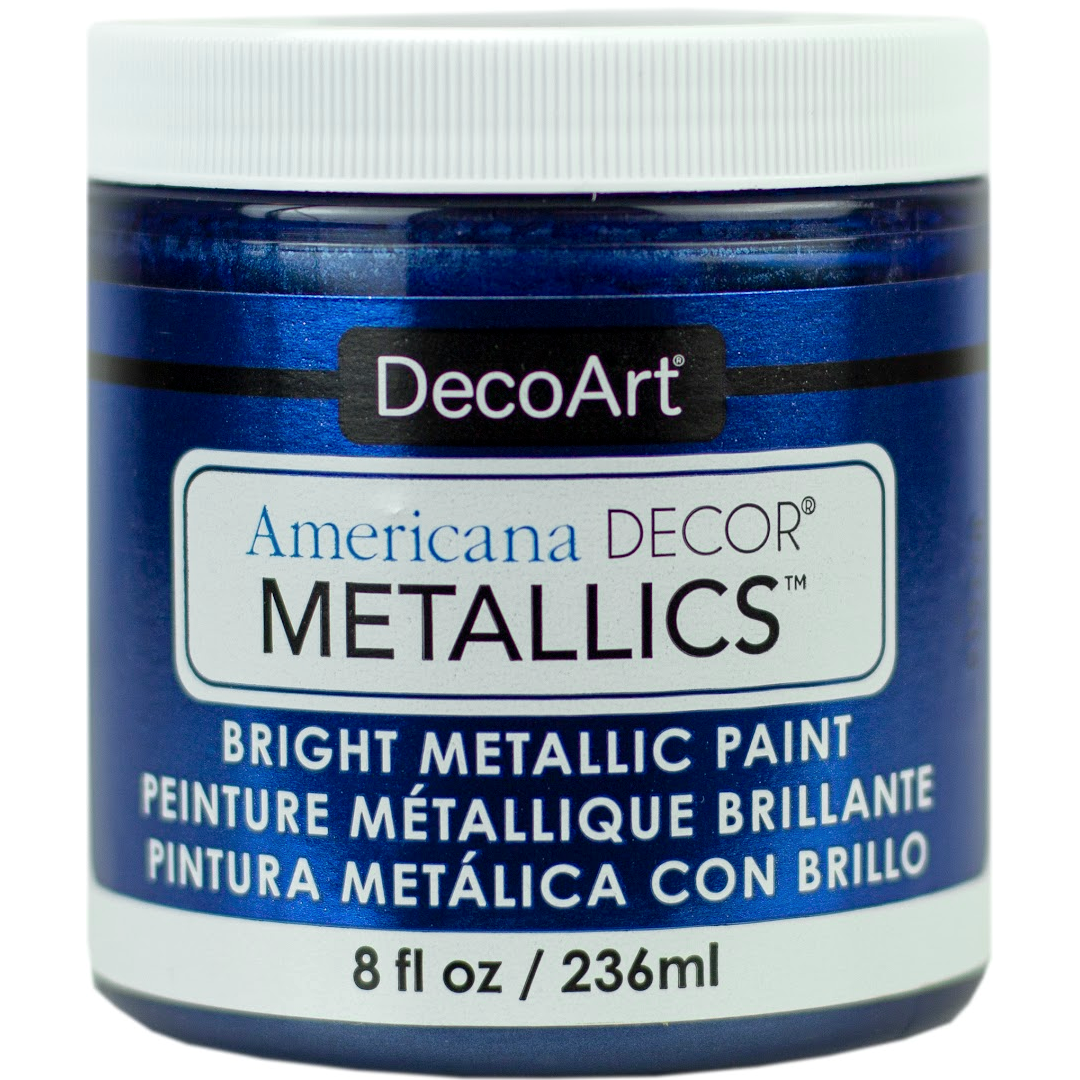 DecoArt Americana Decor Metallics pearl finish in an 8 oz bottle, showcasing a shiny metallic paint suitable for crafts and home decor.