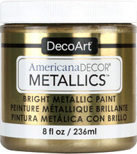 8 oz bottle of DecoArt Americana Decor Metallics Pearl paint showing the metallic pearl finish on the container
