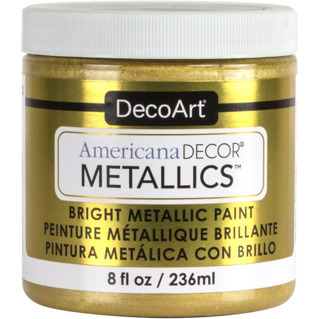 DecoArt Americana Decor Metallics in pearl, 8 oz bottle, showcasing shimmering metallic paint for crafts and home decor projects.