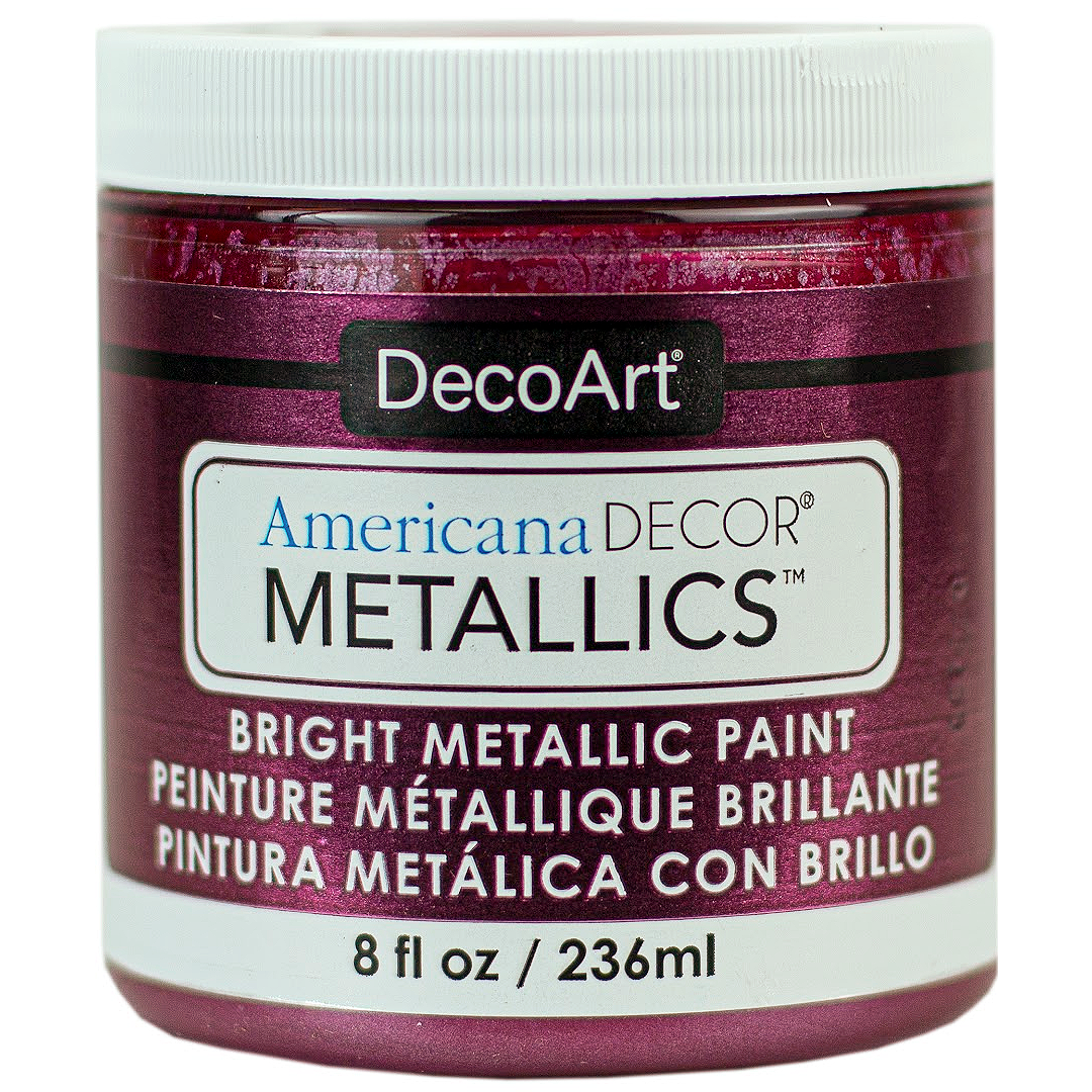 DecoArt Americana Decor Metallics pearl acrylic paint in an 8 oz bottle, showcasing the metallic finish and branding.