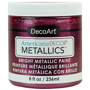 DecoArt Americana Decor Metallics pearl acrylic paint in an 8 oz bottle, showcasing the metallic finish and branding.