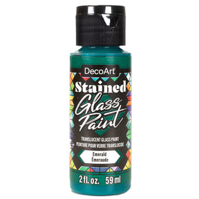 Red stained glass paint by DecoArt in a 2oz bottle, designed for vibrant glass painting projects.