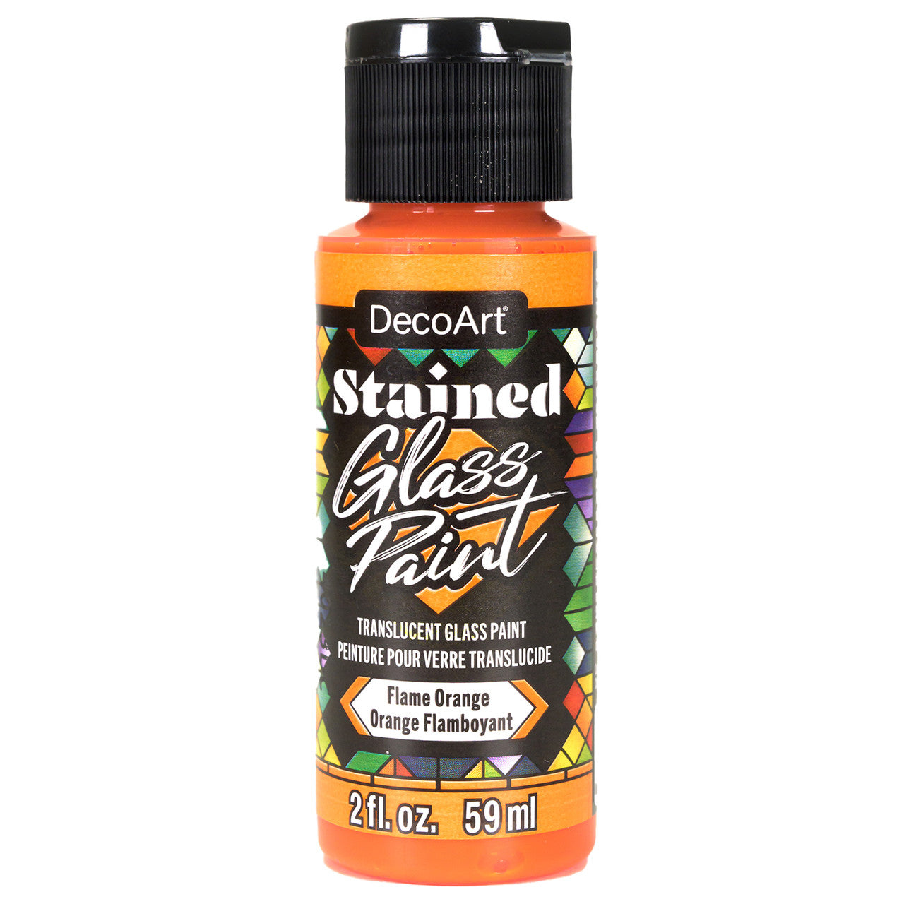 Red stained glass paints by DecoArt in a 2oz bottle, designed for vibrant glass decorating and artistic projects.