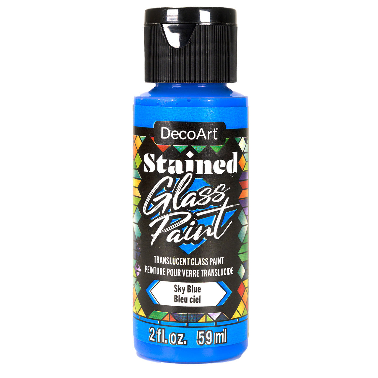Red stained glass paints by DecoArt in a 2oz bottle, suitable for creating vibrant stained glass art projects.
