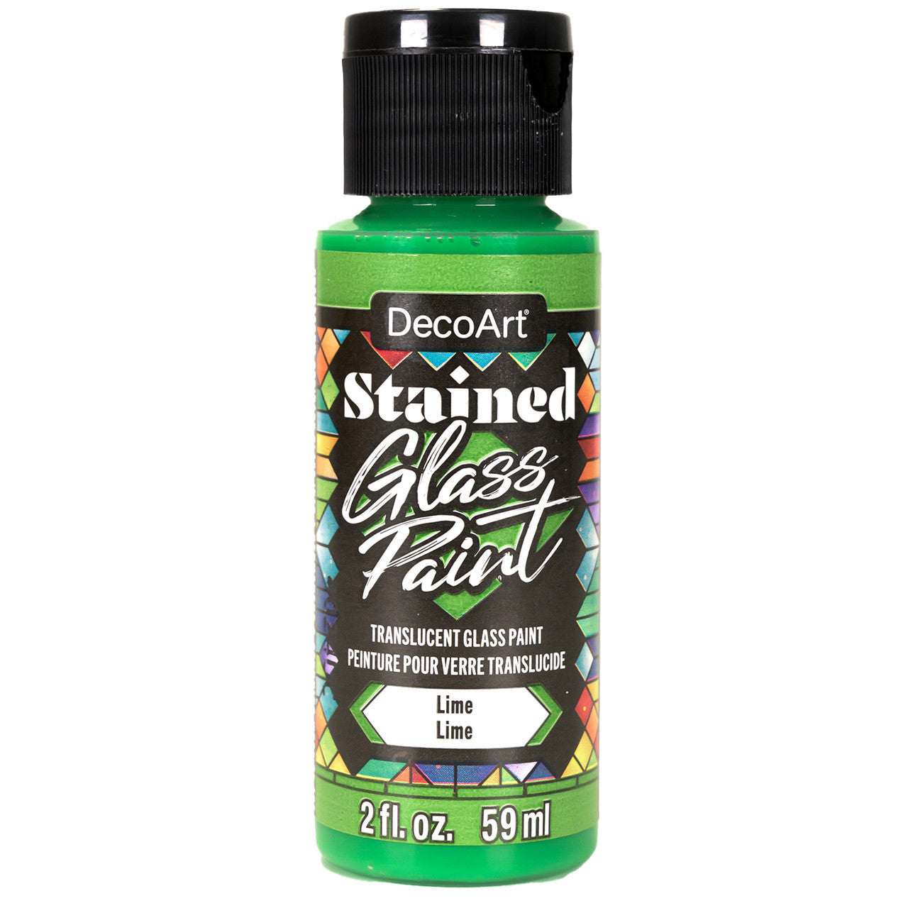 DecoArt stained glass paints in a 2oz red bottle, suitable for vibrant glass art projects and decorative stained glass designs.