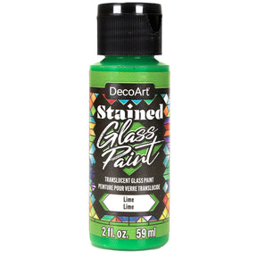 DecoArt stained glass paints in a 2oz red bottle, suitable for vibrant glass art projects and decorative stained glass designs.