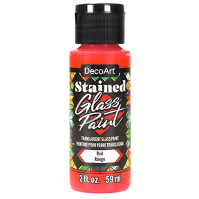 DecoArt stained glass paints in a 2oz red bottle, designed for vibrant glass art and window decoration projects.