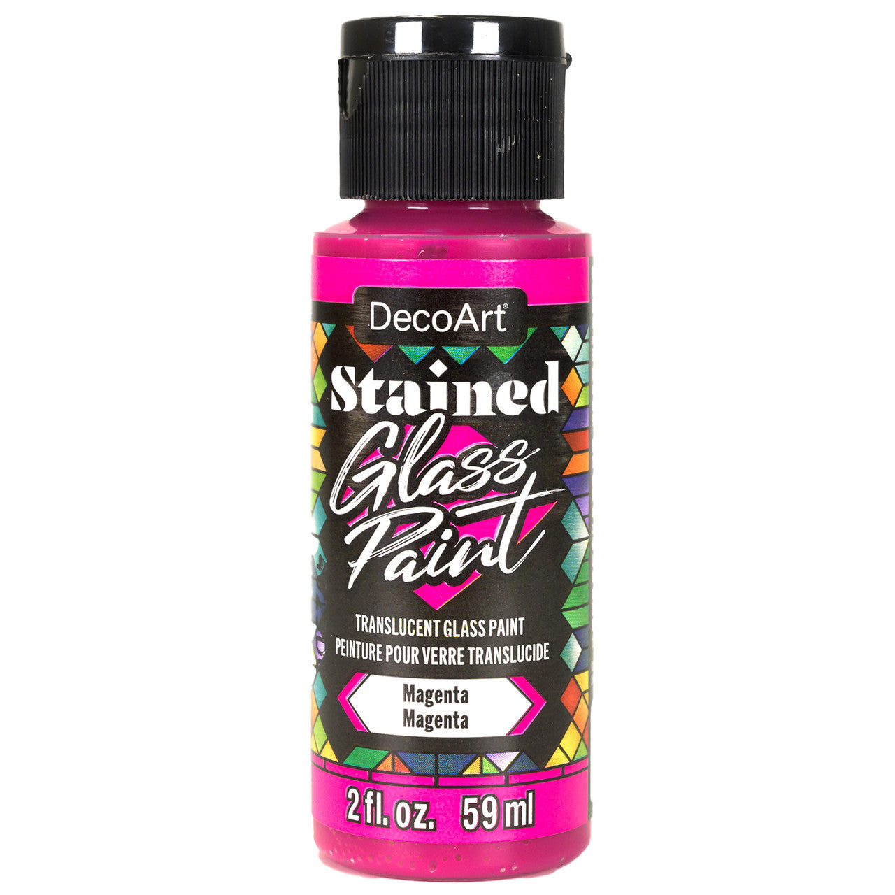 Red stained glass paint by DecoArt in a 2oz bottle, suitable for creating vibrant stained glass artwork.