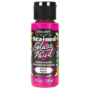Red stained glass paint by DecoArt in a 2oz bottle, suitable for creating vibrant stained glass artwork.