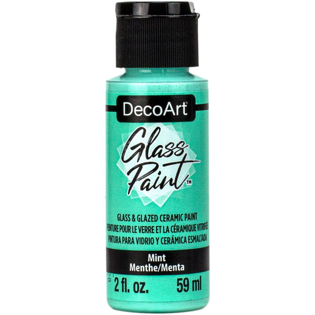White DecoArt Glass Paint in a 2 oz bottle, suitable for decorating and customizing glass surfaces.