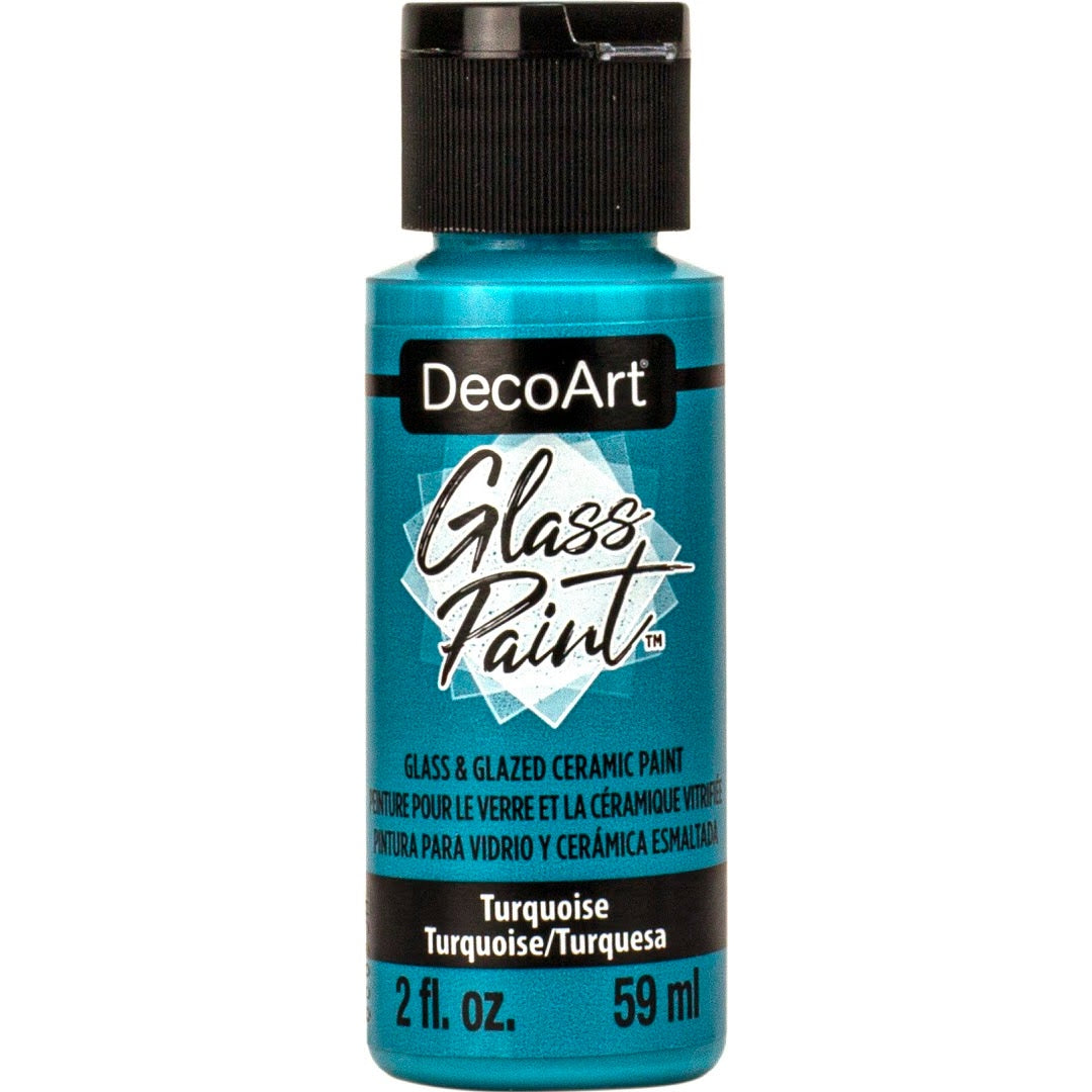 White DecoArt Glass Paint in a 2 oz bottle, suitable for decorating glass surfaces with vibrant, opaque color.