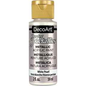 White Pearl Dazzling Metallics paint by DecoArt in a 2 oz bottle with a shimmering metallic finish.