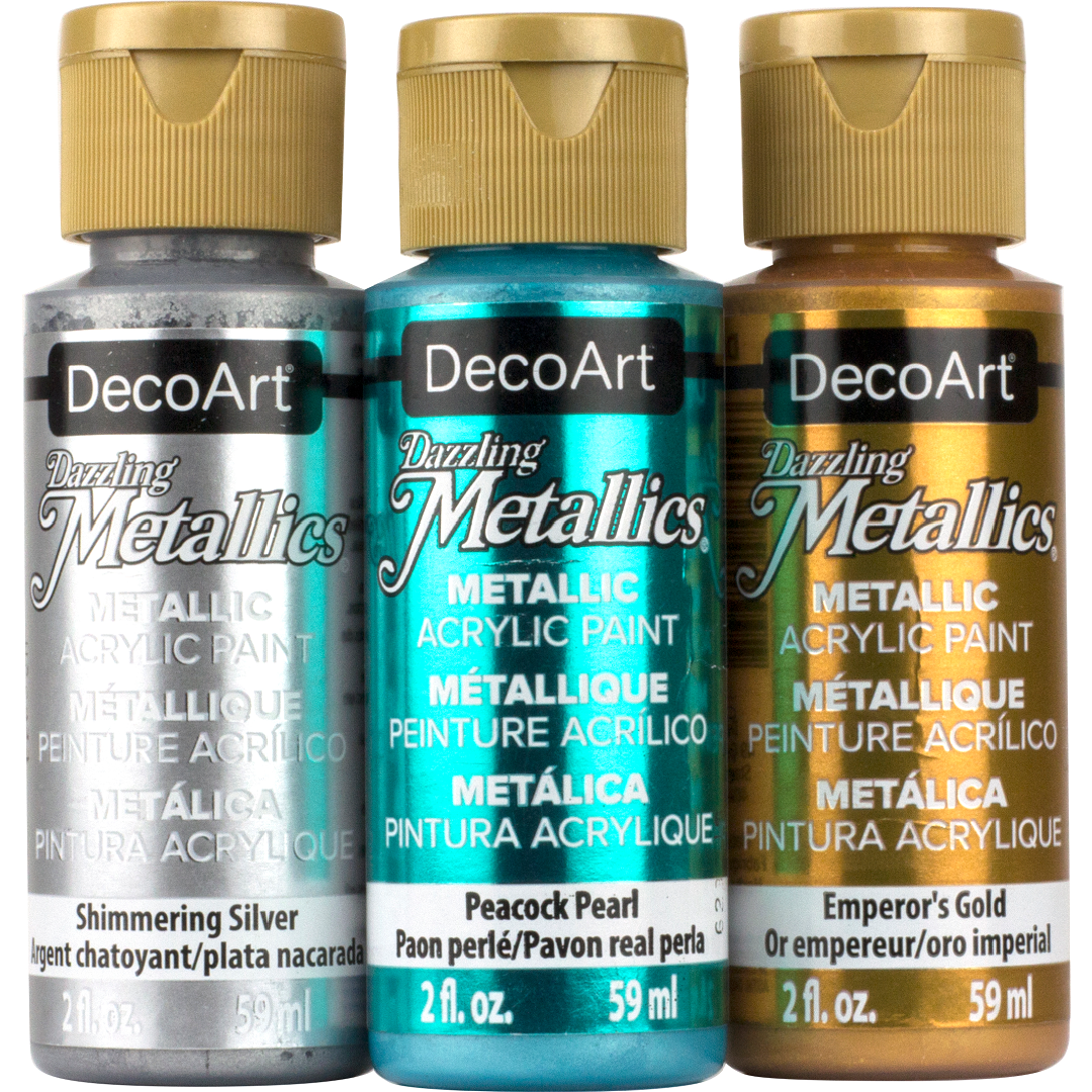 White Pearl Dazzling Metallics paint by DecoArt, 2 oz bottle, showcasing shimmering metallic finish and smooth texture.