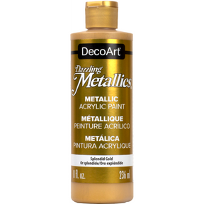 White Pearl Dazzling Metallics acrylic paint by DecoArt in a 2 oz bottle, showcasing a shimmering, pearlescent finish.