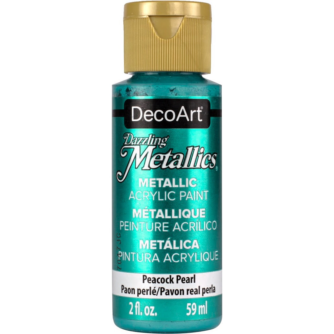 White Pearl Dazzling Metallics acrylic paint by DecoArt in a 2 oz bottle with a shimmering metallic finish.