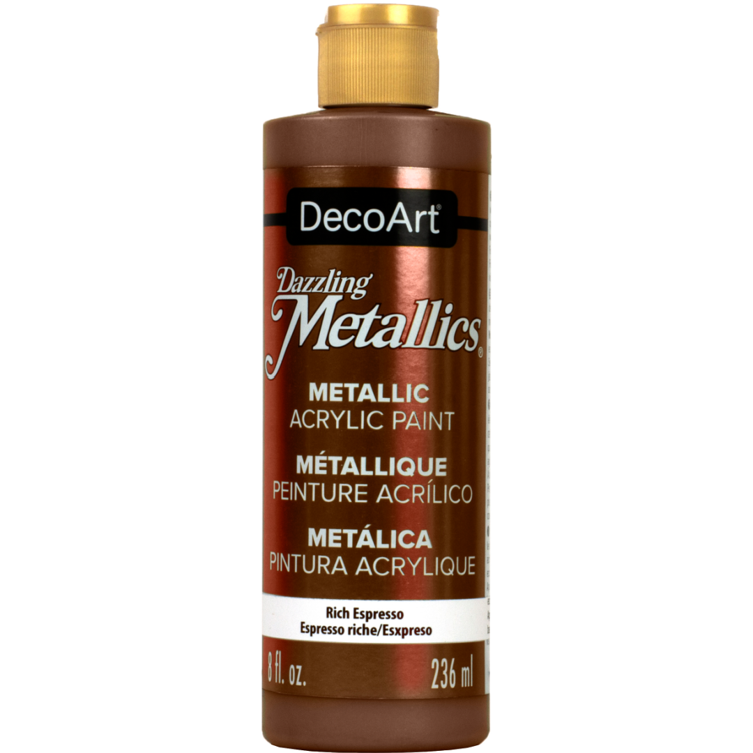 White Pearl Dazzling Metallics acrylic paint by DecoArt in a 2 oz bottle, showcasing its shiny, iridescent finish.