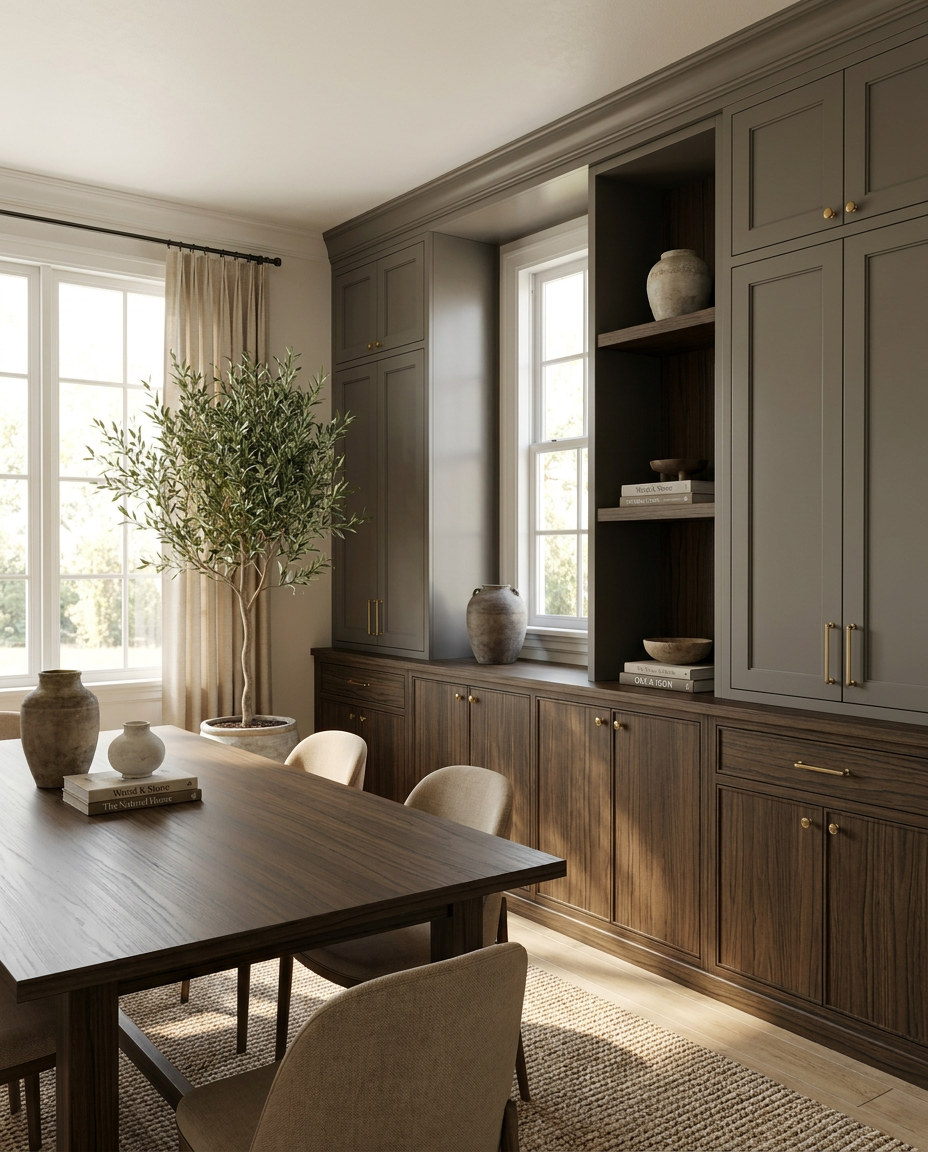 Dining room with wooden table, chairs, and built-in cabinetry.