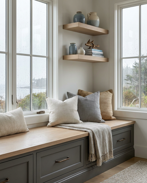 Nook with wooden bench, cushions, and shelves by a window with a view of water.