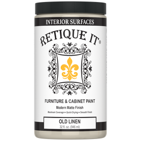 Retique It® furniture and cabinet paint in Old Linen quart, showing a smooth, freshly painted cabinet surface.