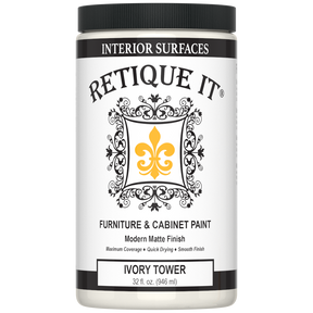Retique It® Renaissance Furniture Paint in Ivory Tower poly kit, showing a close-up of the creamy ivory-colored paint and included supplies.