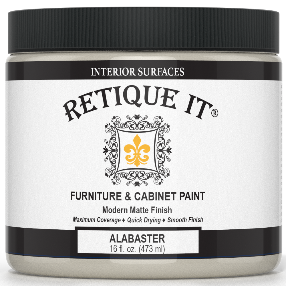 Retique It® furniture and cabinet paint in alabaster quart, showcasing smooth, creamy finish ideal for home furniture projects.