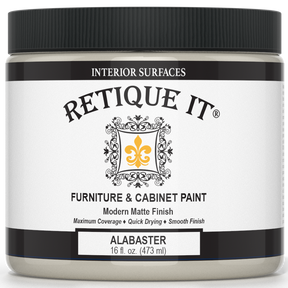 Retique It® furniture and cabinet paint in alabaster quart, showcasing smooth, creamy finish ideal for home furniture projects.