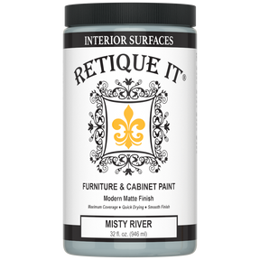 Retique It® furniture and cabinet paint in Misty River, a quart-sized container showing the smooth, muted blue finish.