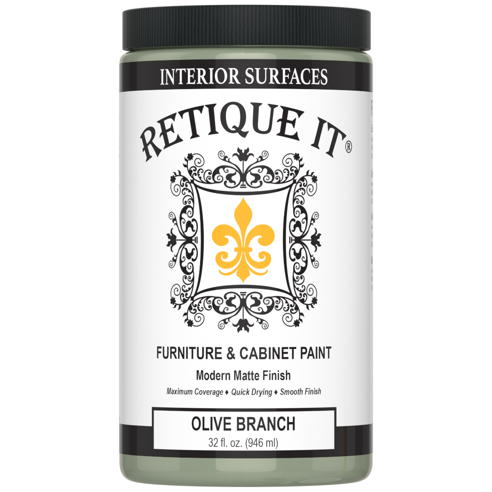 Retique It® Olive Branch furniture and cabinet paint in a quart container, showing a smooth, painted wood surface.