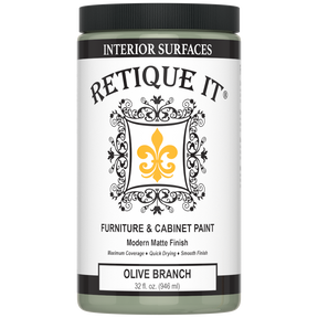 Retique It® Olive Branch furniture and cabinet paint in a quart container, showing a smooth, painted wood surface.