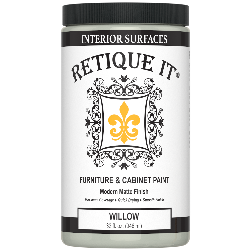 Retique It® Furniture and Cabinet Paint in Willow, a close-up of the quart-sized container showing the paint color and branding.