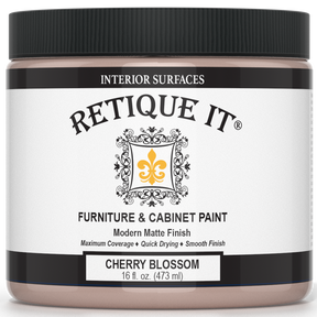 Retique It® FCP-CHBL-M paint can with a smooth beige paint finish, featuring a paintbrush and open paint can on a wooden surface.