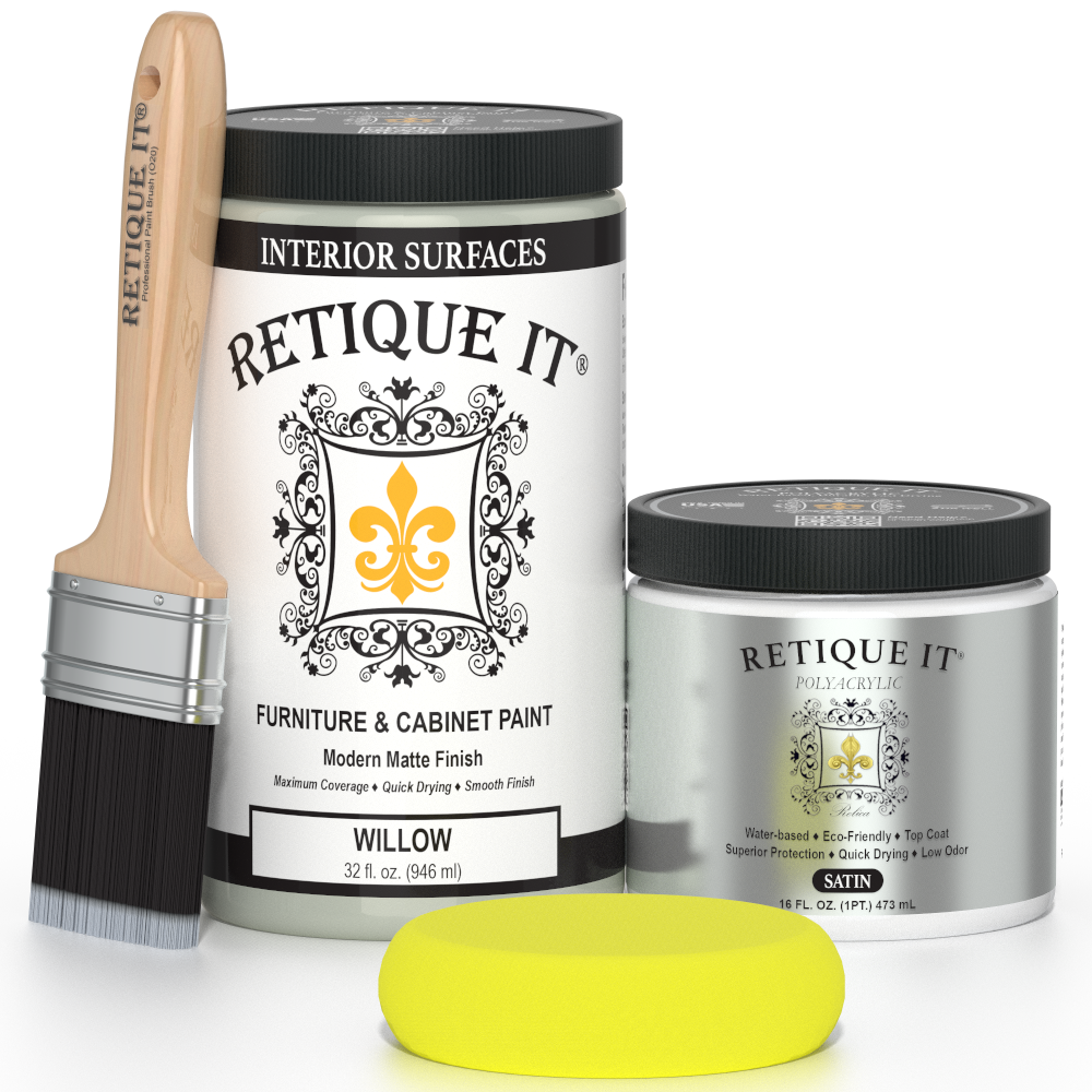Retique It® furniture and cabinet paint in quart size, Willow color, shown on a painted wooden cabinet surface.