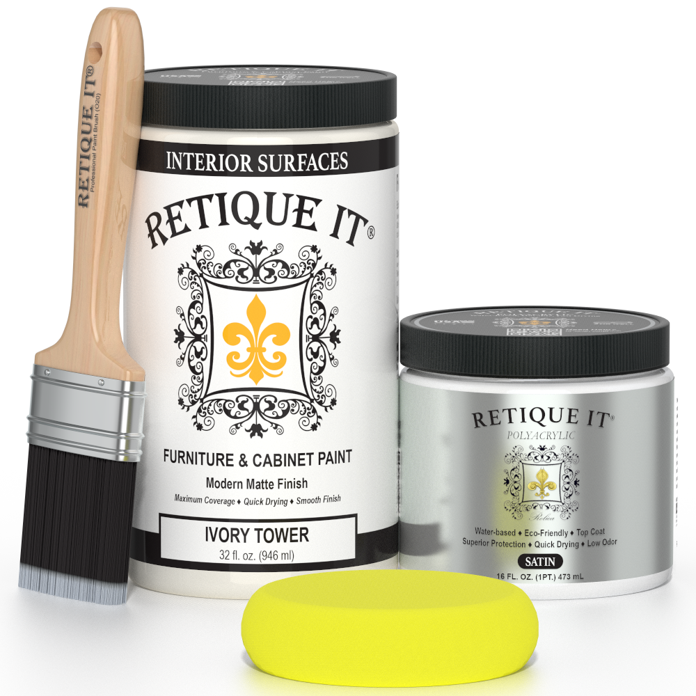 Retique It® Renaissance Furniture Paint in Ivory Tower, poly kit, showing a close-up of the paint container with product details.