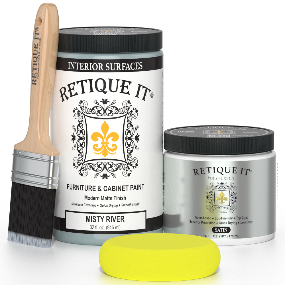 Retique It® furniture and cabinet paint in Misty River quart, showing a smooth, painted furniture surface with a rich blue-gray finish.