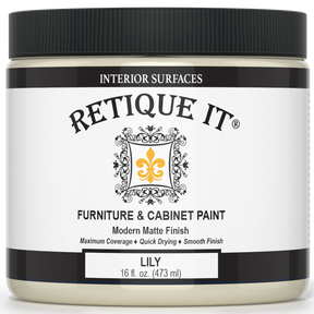 Retique It® furniture and cabinet paint quart in Lily color, showing a close-up of smooth painted wood surface and finish.