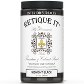 Retique It® furniture and cabinet paint in quart size, Midnight Black, showing a smooth, freshly painted cabinet surface.