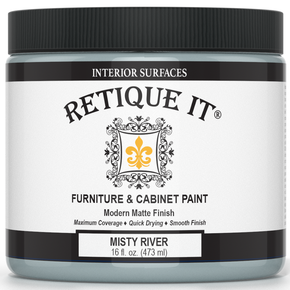 Retique It® Furniture and Cabinet Paint in Misty River quart, showing a smooth, freshly painted cabinet surface.