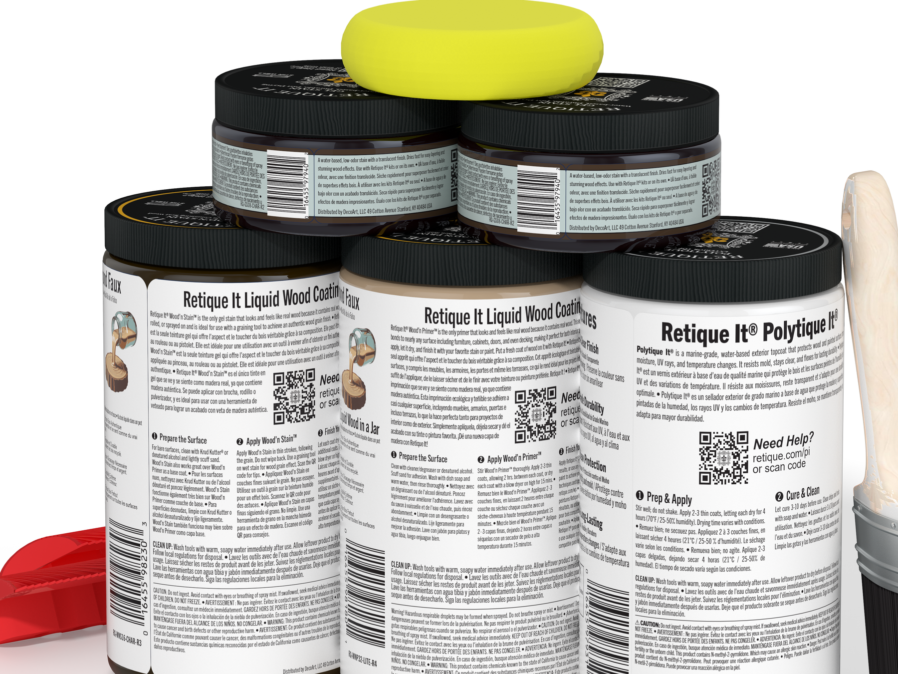 Large Charcoal Wood'n Finish Kit by Retique It® with exterior top coat, featuring wood stain bottles and application tools.