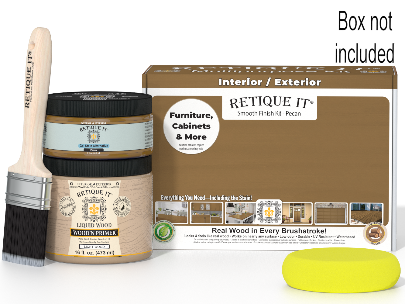 Retique It® Multi-purpose Smooth Finish Kit (Med) in Pecan, wood finishing kit with brushes and tools for a smooth wood surface.