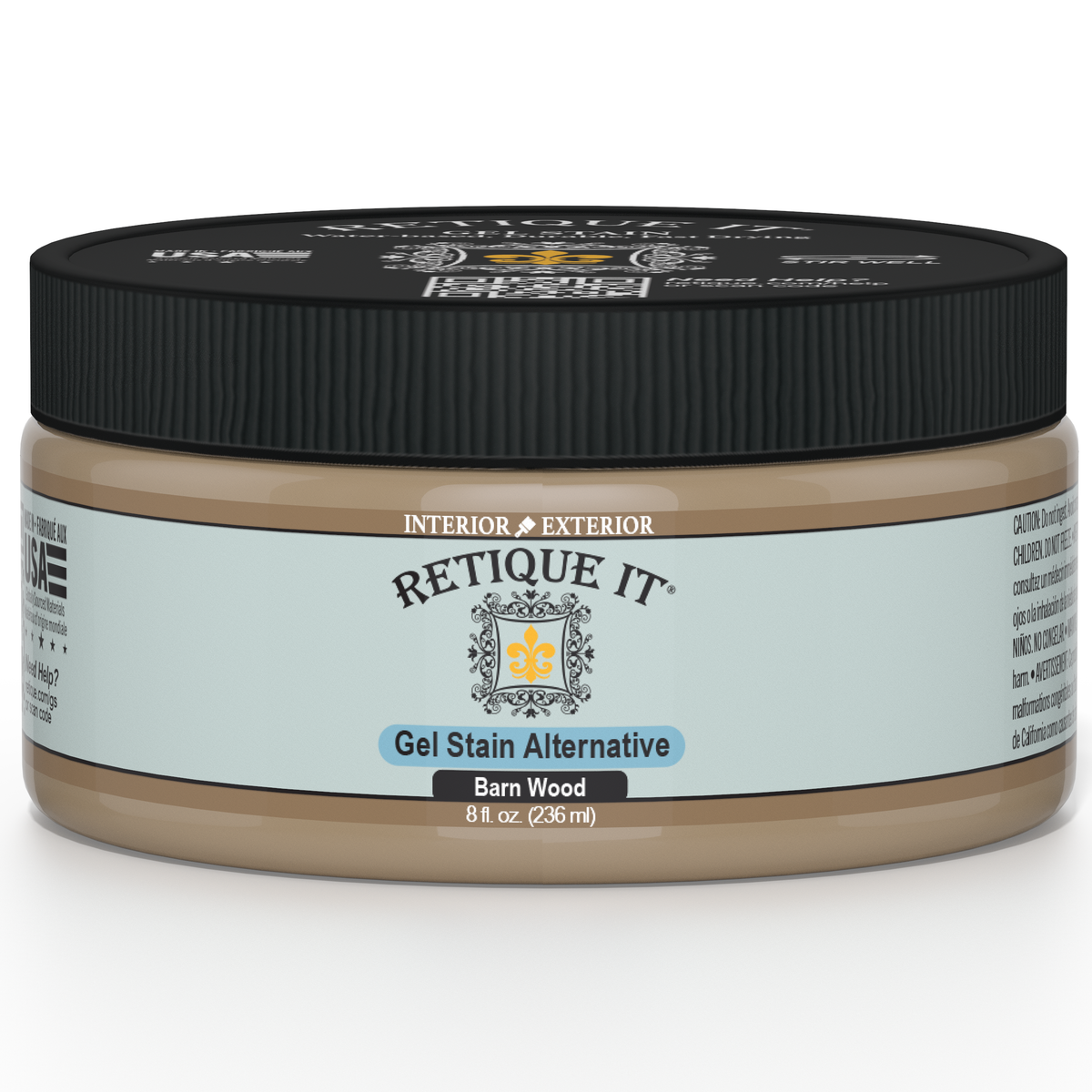 Retique It Gel Stain in Barn Wood, showcasing a rich, textured wood finish with a smooth application on a wooden surface.