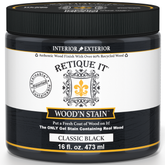 Retique It® Wood'n Stain Classic Black bottle with stain swatches showing deep black wood stain for furniture and wood surfaces.