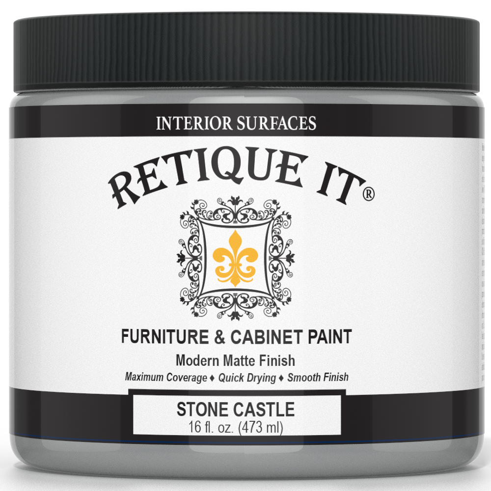 Retique It® furniture and cabinet paint in quart, Stone Castle color, showing the paint container with a smooth finish.