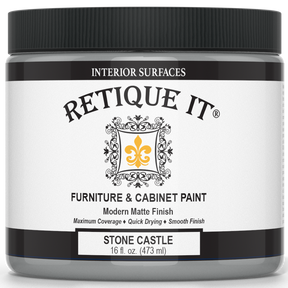 Retique It® furniture and cabinet paint in quart, Stone Castle color, showing the paint container with a smooth finish.