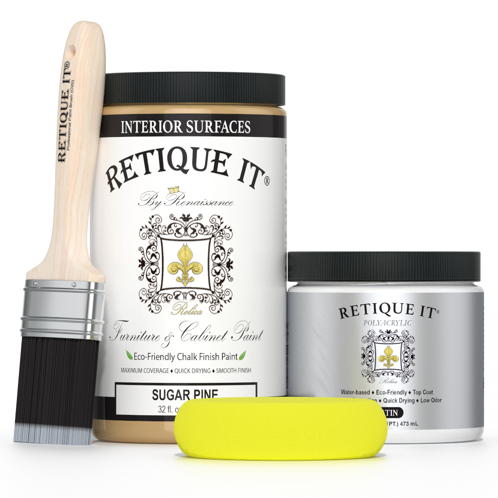 Retique It® furniture and cabinet paint in Sugar Pine quart, showing smooth, even application on wood surface.