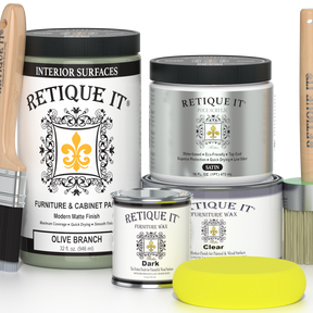 Retique It® olive branch furniture and cabinet paint in a quart container, ready for refinishing or updating furniture surfaces.