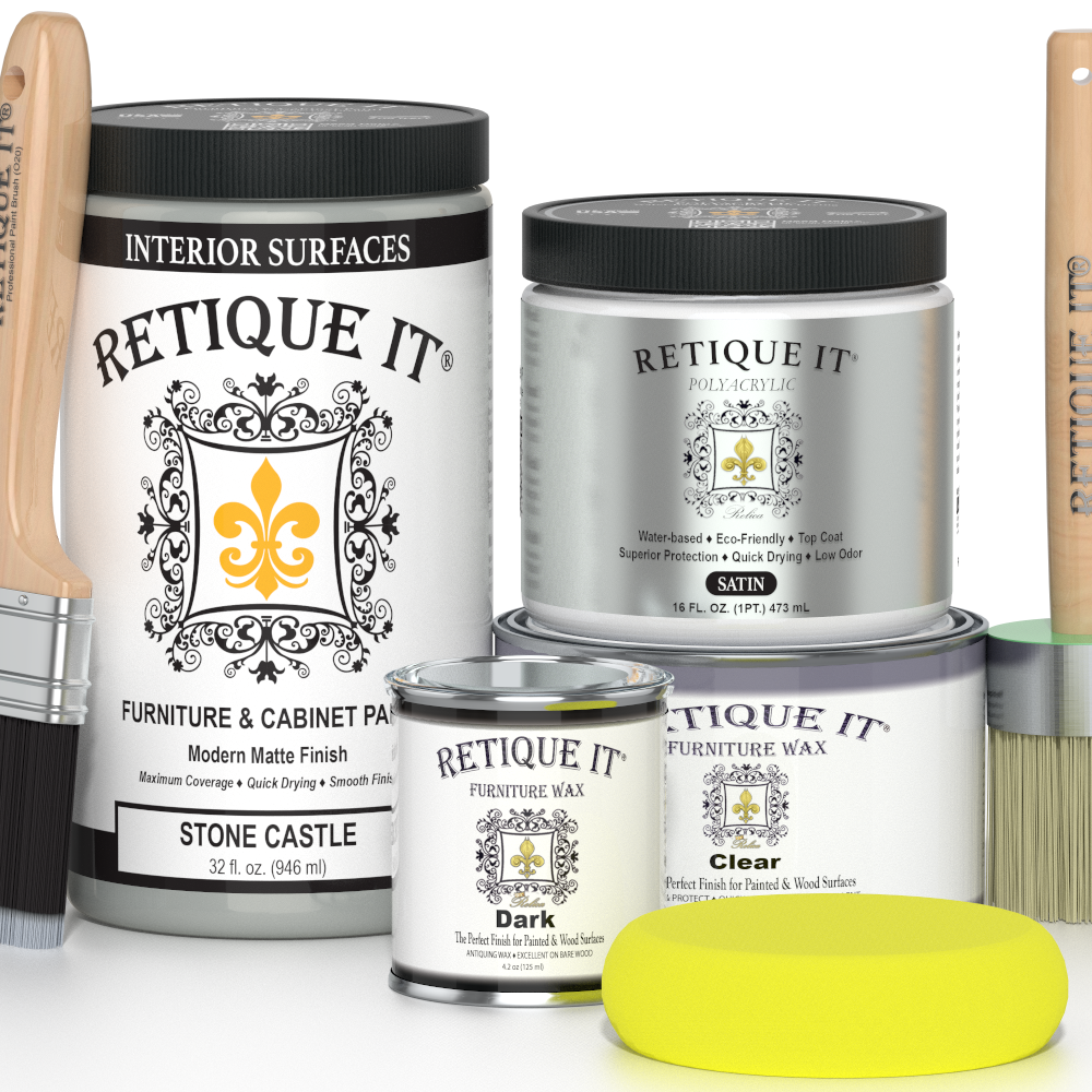Retique It® furniture and cabinet paint in Quart, Stone Castle color, showing a smooth, freshly painted furniture surface.