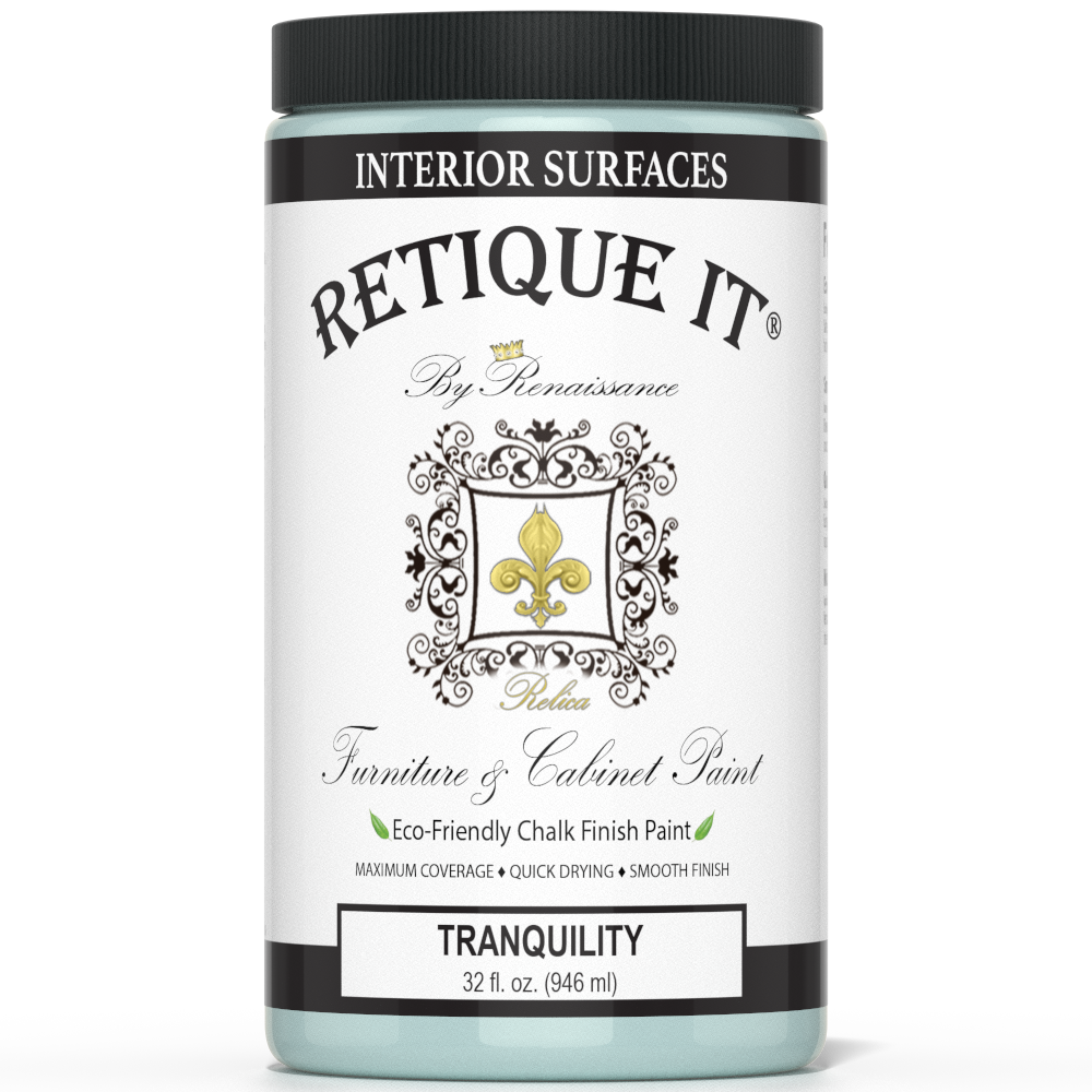 Retique It® Tranquility furniture and cabinet paint in a quart container, showcasing a smooth, finished surface ready for furniture use.
