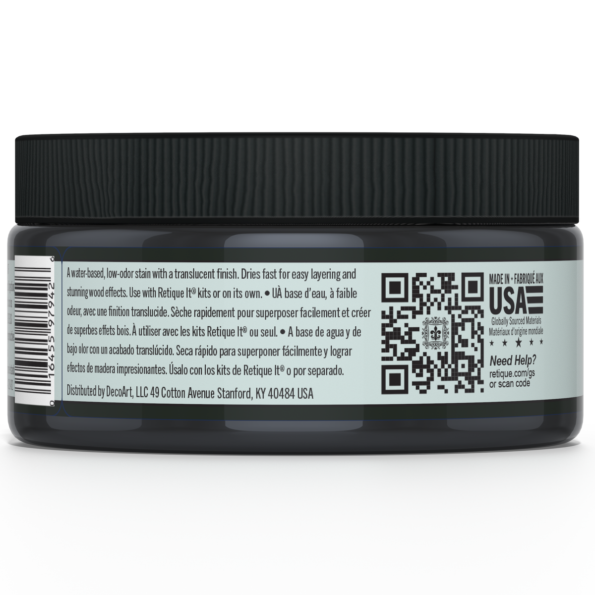 Retique It Gel Stain in Classic Black displayed on a wood surface, showcasing smooth application and rich, dark finish.